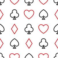 Trama de fondo transparente de trajes de póquer - corazones, tréboles, espadas y diamantes - dispuestos en las filas sobre fondo blanco. Ilustración de vector de tema de juego de casino.