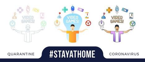 Stay at home concept illustration. a geek man character with hands up and video game doodle icons are arranged in semicircle above the head. Coronavirus or Covid-19 protection vector illustration set