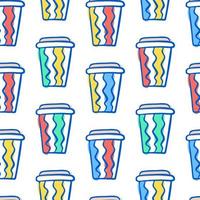 Coffee cup pattern. Vector seamless pattern with various disposable cups of coffee to go. Hand drawn doodle background