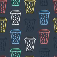 Coffee cup pattern. Vector seamless pattern with various disposable cups of coffee to go. Hand drawn doodle background