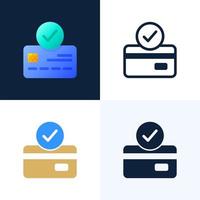 accepted payment Credit card vector stock icon set. The concept of a successful bank payment transaction. The front side of the card with a check mark in a circle.