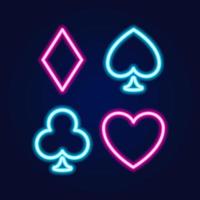 Banner de casino de lámpara de neón sobre fondo azul. signo de juegos de cartas de póquer o blackjack. concepto de las vegas. ilustración vectorial vector