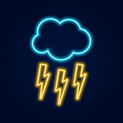 Glowing neon thunderstorm weather icon. Storm symbol with cloud and lightning in neon style.