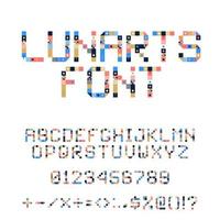 Vector Pixel Art Alphabet. Colorful Letters Consist of Modules. Letters from Strips, squares and dots. Geometric Alphabet for Posters like electronic scoreboard