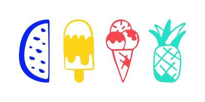 Collection of vector ice cream watermelon and pineapple illustrations drawn by hand isolated on background