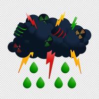 Ilustrador de vector de nube y lluvia nuclear. icono radiactivo con gota verde y diseño de vector de lluvia ácida de trueno.