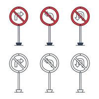 Prohibition road sign set. No left turn, no right turn, no U turn. Vector icon in doodle cartoon style with outline.