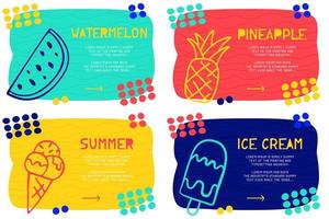 Set Abstract landing page pattern with different element, text block and doodle ice cream, watermelon, pineapple icon. Vector fun background