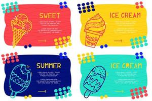 Set Abstract landing page pattern with different element, text block and doodle ice cream icon. Vector fun background