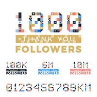 Set of geometrical art numbers for Thanks followers design. Followers congratulation card. Vector illustration for Social Networks. Web user or blogger celebrates a large number of subscribers.