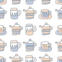 de patrones sin fisuras con tazas de café y té incompletas dibujadas a mano. Fondo de mosaico de coffee break. vector