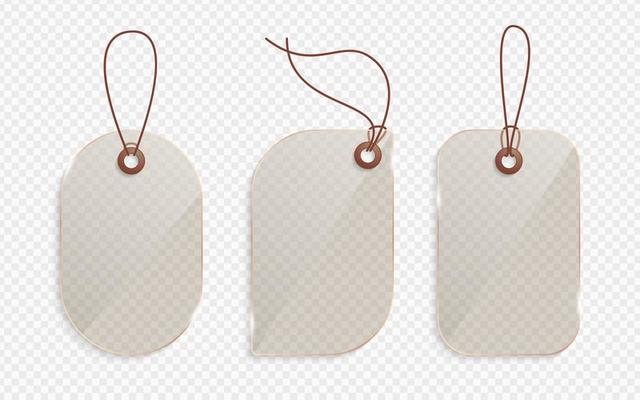 Realistic gold glass price tag. Glass label, paper sale tags mockup blank labels template shopping gift empty stickers with ropes tags vector set