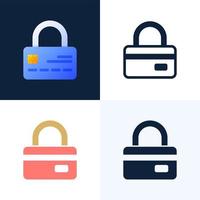 Padlock with credit card vector stock icon set. The concept of protection, security, reliability of a bank account. Front side of the card with a closed lock.