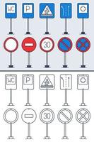 Vector set of doodle road signs in colorful and doodle outline style. Hand-drawn traffic sign icons isolated on white background.