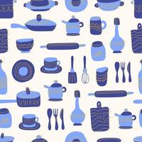 Kitchen seamless pattern of decorative tableware items. Ceramic utensils or crockery - cups, dishes, bowls, pitchers. Vector illustration in flat style with bluw and orange texture.