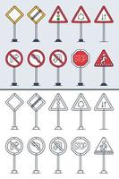 Vector set of doodle road signs in colorful and doodle outline style. Hand-drawn traffic sign icons isolated on white background.