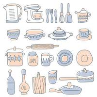 colección de cristalería, menaje y utensilios de cocina. conjunto de utensilios de cocina para cocinar en casa y herramientas para la preparación de alimentos aislado sobre fondo blanco. Ilustración de vector de color en estilo doodle.