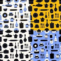 Kitchen seamless pattern of decorative tableware items. Ceramic utensils or crockery - cups, dishes, bowls, pitchers. Vector illustration in flat style with colorful texture.