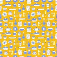 Kitchen seamless pattern of decorative tableware items. Ceramic utensils or crockery - cups, dishes, bowls, pitchers. Vector illustration in flat style with colorful texture.