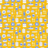 Kitchen seamless pattern of decorative tableware items. Ceramic utensils or crockery - cups, dishes, bowls, pitchers. Vector illustration in flat style with colorful texture.