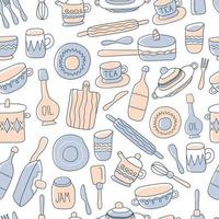 Kitchen seamless pattern of decorative tableware items. Ceramic utensils or crockery - cups, dishes, bowls, pitchers. Vector illustration in flat style with outline texture.