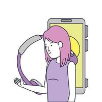 mujer joven, con, auriculares, y, smartphone vector