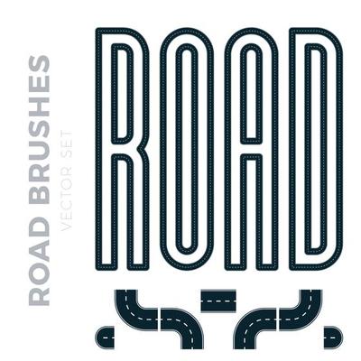 Vector illustration that include highway border or asphalt pattern brush and ready for use curves, perspectives, turns, twists, loops, elements, road with white markings, isolated on white.