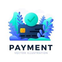 accepted payment Credit card vector stock illustration isolated on a white background. The concept of a successful bank payment transaction. The front side of the card with a check mark in a circle.
