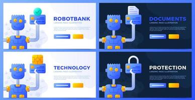 Robot holding a credit card in his hand a collection of vector stock illustrations. Bank documents, account protection, payment system technologies vector set