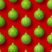 Realistic Christmas seamless pattern with geometric motifs. Green bauble ball on red background simple new year pattern Vector illustration