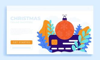 Ilustración de stock de vector de tarjeta de crédito de compras en línea de Navidad aislado para página de destino o presentación. concepto de compras en línea durante el coronavirus. tarjeta con la bola del árbol de navidad