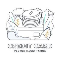 Stack of coins with a credit card vector stock illustration isolated on a white background. The concept of adding money to a bank account. The back side of the card with a stack of coins.