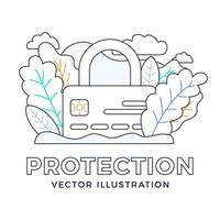 candado con ilustración de stock de vector de tarjeta de crédito aislado sobre fondo blanco. el concepto de protección, seguridad, confiabilidad de una cuenta bancaria. anverso de la tarjeta con un candado cerrado.