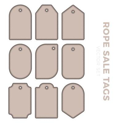 Set of blank gift tag labels for sale prices with rope outline. Rope frame Stickers of different round, square, rectangular other shapes