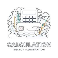 calculadora y tarjeta de crédito vector stock ilustración aislada sobre fondo blanco. el concepto de pagar impuestos, calcular gastos e ingresos, pagar facturas. anverso de la tarjeta con calculadora.