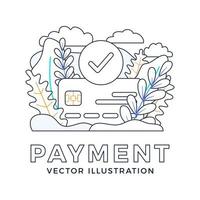 accepted payment Credit card vector stock illustration isolated on a white background. The concept of a successful bank payment transaction. The front side of the card with a check mark in a circle.