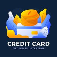 Stack of coins with a credit card vector stock illustration isolated on a dark background. The concept of adding money to a bank account. The back side of the card with a stack of coins.