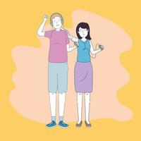 young couple friends listen music with player vector