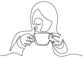 Continuous one line drawing, vector of girl drinking coffee with relax, trendy woman feel calm after drink beverage. Minimalism design with simplicity hand drawn isolated on white background.