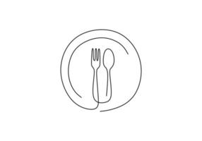 Continuous line drawing of food symbol. Sign of plate, knife, and fork. Minimalism hand drawn one line art minimalist vector illustration. Dinner theme with creative sketch contour.