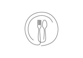 Continuous line drawing of food symbol. Sign of plate, knife, and fork. Minimalism hand drawn one line art minimalist vector illustration. Dinner theme with creative sketch contour.