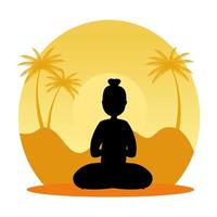 silhouette of woman practicing pilates with lotus position on sunset scene vector