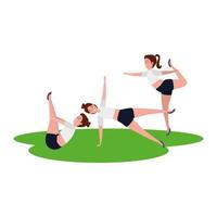 Grupo de chicas de belleza practicando pilates en la hierba vector