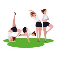 beauty girls group practicing pilates in the grass vector