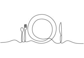 Continuous line drawing of food symbol. Sign of plate, knife, and fork. Minimalism hand drawn one line art minimalist vector illustration. Dinner theme with creative sketch contour.