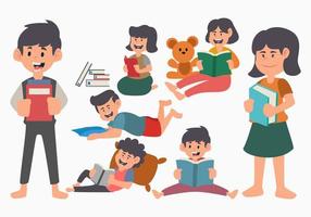 Set of happy children being study. Flat elements of students doing activities isolated on white background vector