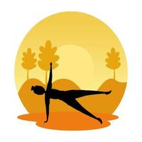 silhouette of woman practicing pilates on the landscape sunset scene vector