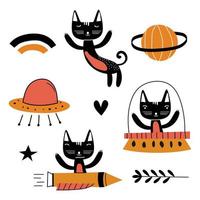 Set of cute cat illustration vector design art. Flying funny kids animal astronauts in space, with planets, stars, love. Concept for children print. Isolated objects on white background.