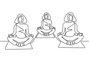 Woman doing yoga exercise. Three young girls sitting cross legged meditating continuous one line draw design isolated on white background. Character women group yoga lessons. Vector illustration.