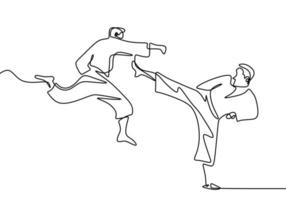 un solo dibujo de línea continua del entrenamiento de taekwondo y karate. Dos hombres mayores practican taekwondo atacando con piernas y golpes de mano dibujar a mano aislado sobre fondo blanco. vector